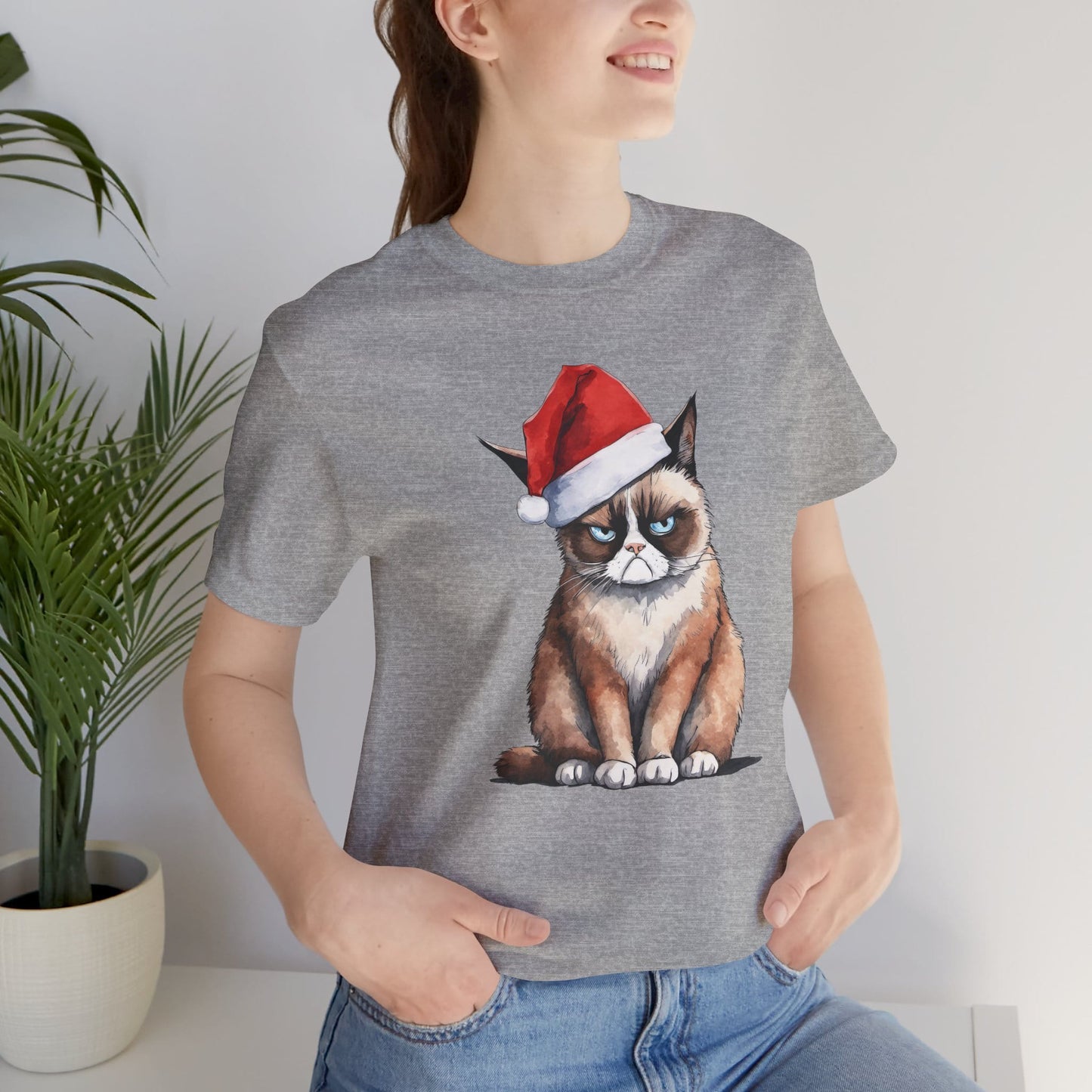 Grumpy Cat Wearing Santa Hat Funny Christmas Unisex T-Shirt