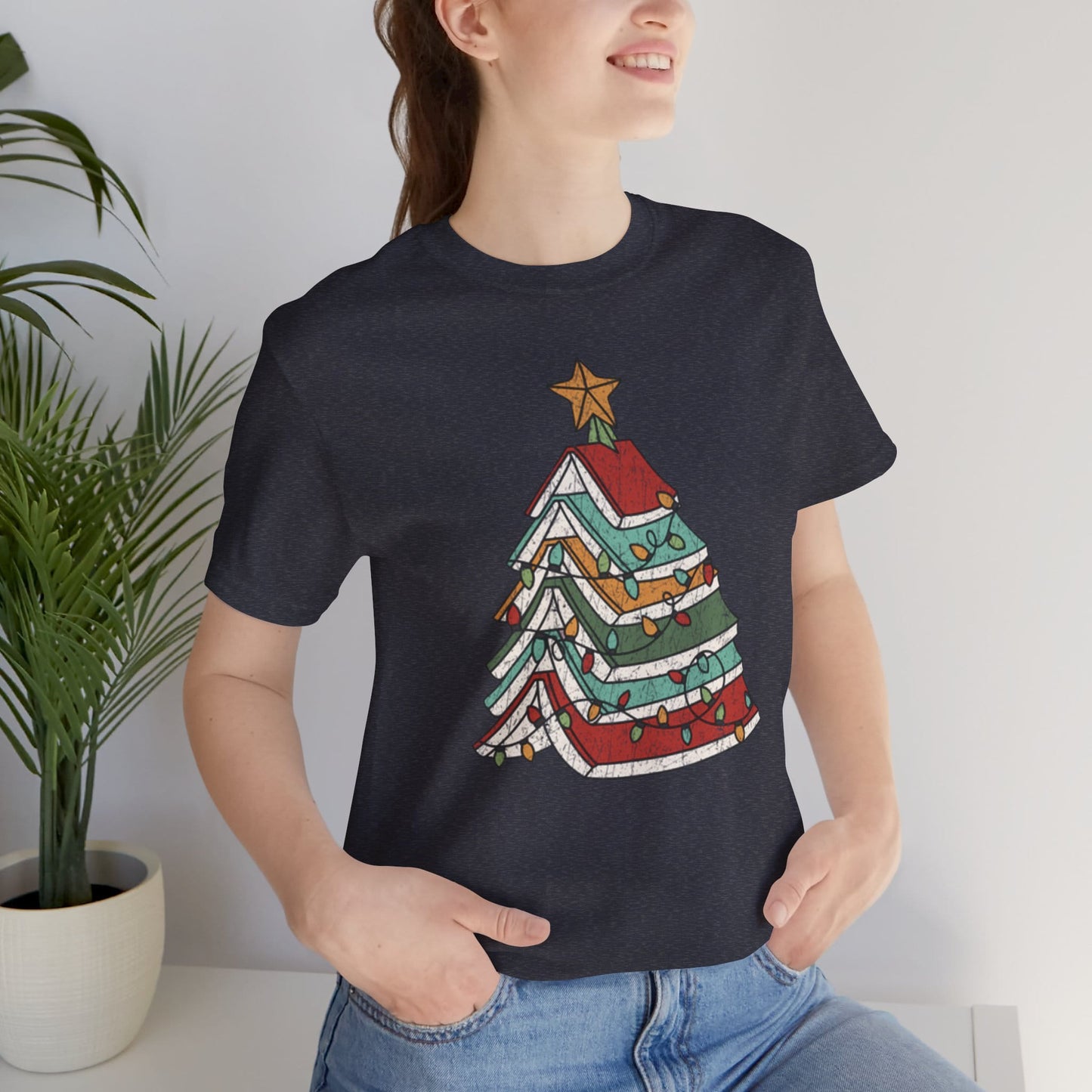Books Christmas Tree, Gift For Book Lovers, Wintery Unisex T-shirt