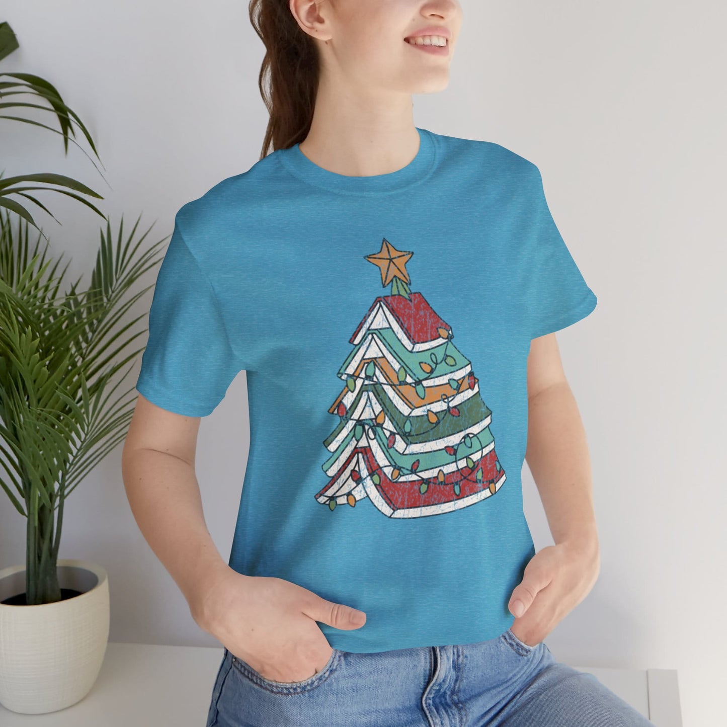 Books Christmas Tree, Gift For Book Lovers, Wintery Unisex T-shirt