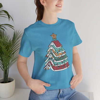Books Christmas Tree, Gift For Book Lovers, Wintery Unisex T-shirt