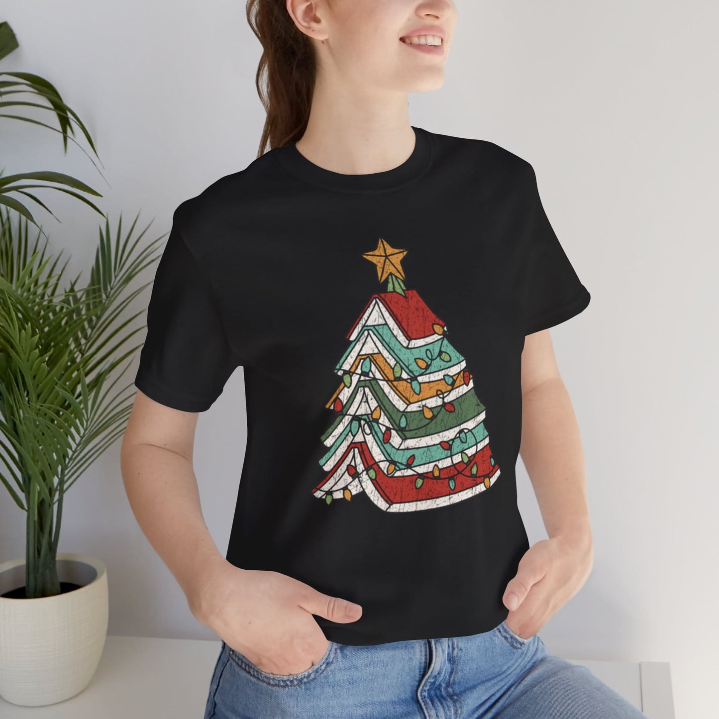 Books Christmas Tree, Gift For Book Lovers, Wintery Unisex T-shirt