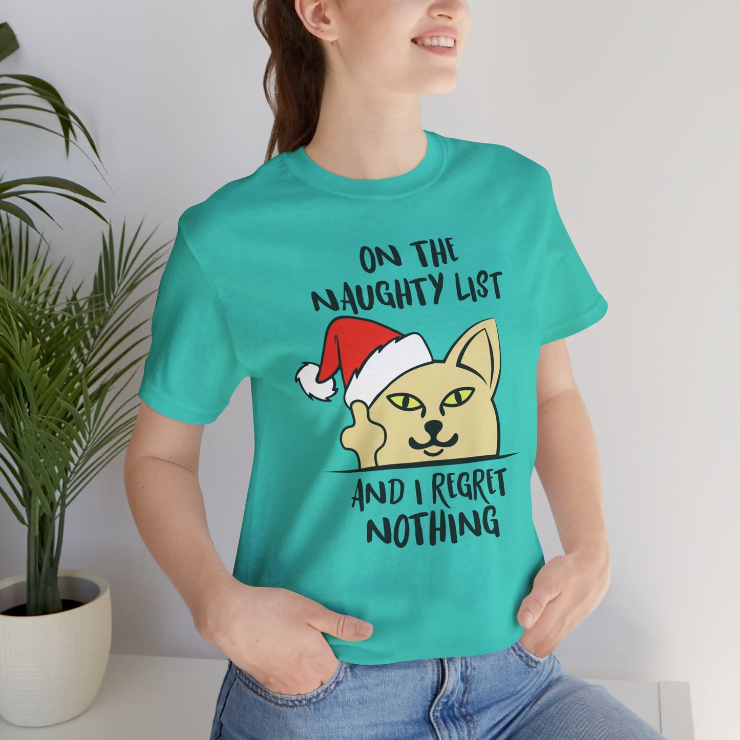 On The Naughty List And I Regret Nothing Funny Cat Christmas Unisex T-Shirt
