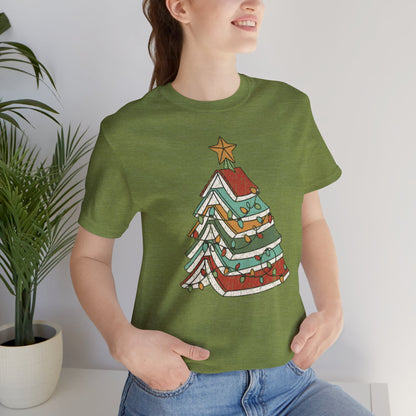 Books Christmas Tree, Gift For Book Lovers, Wintery Unisex T-shirt