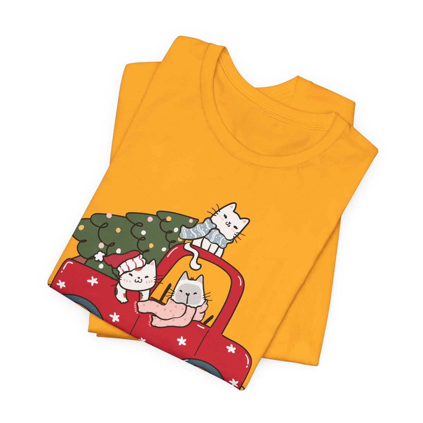 Christmas Tree Cats In Red Pickup Truck Funny Unisex T-Shirt