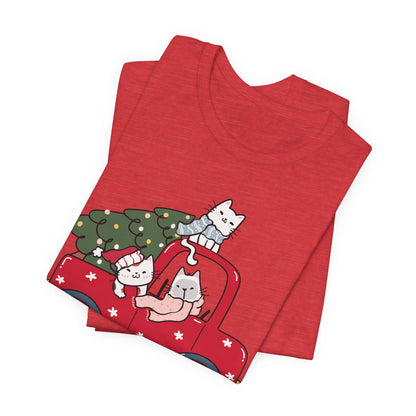 Christmas Tree Cats In Red Pickup Truck Funny Unisex T-Shirt