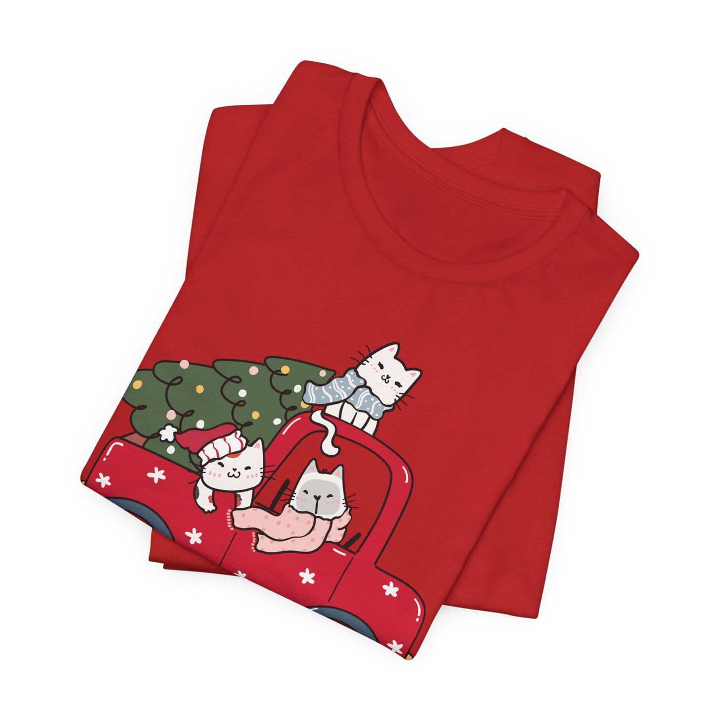 Christmas Tree Cats In Red Pickup Truck Funny Unisex T-Shirt