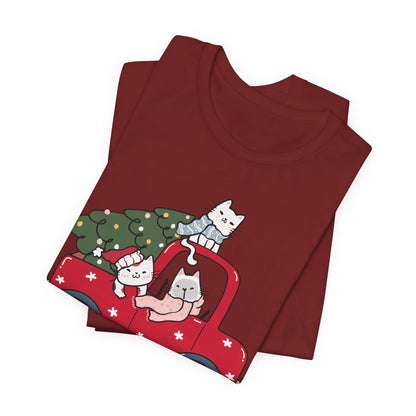 Christmas Tree Cats In Red Pickup Truck Funny Unisex T-Shirt