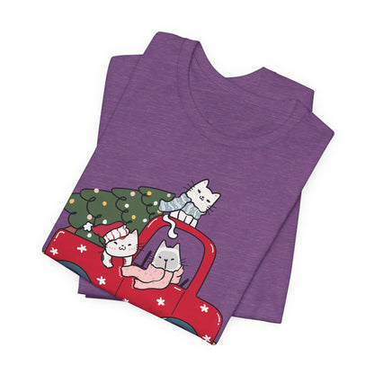 Christmas Tree Cats In Red Pickup Truck Funny Unisex T-Shirt