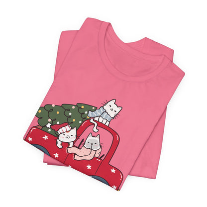 Christmas Tree Cats In Red Pickup Truck Funny Unisex T-Shirt