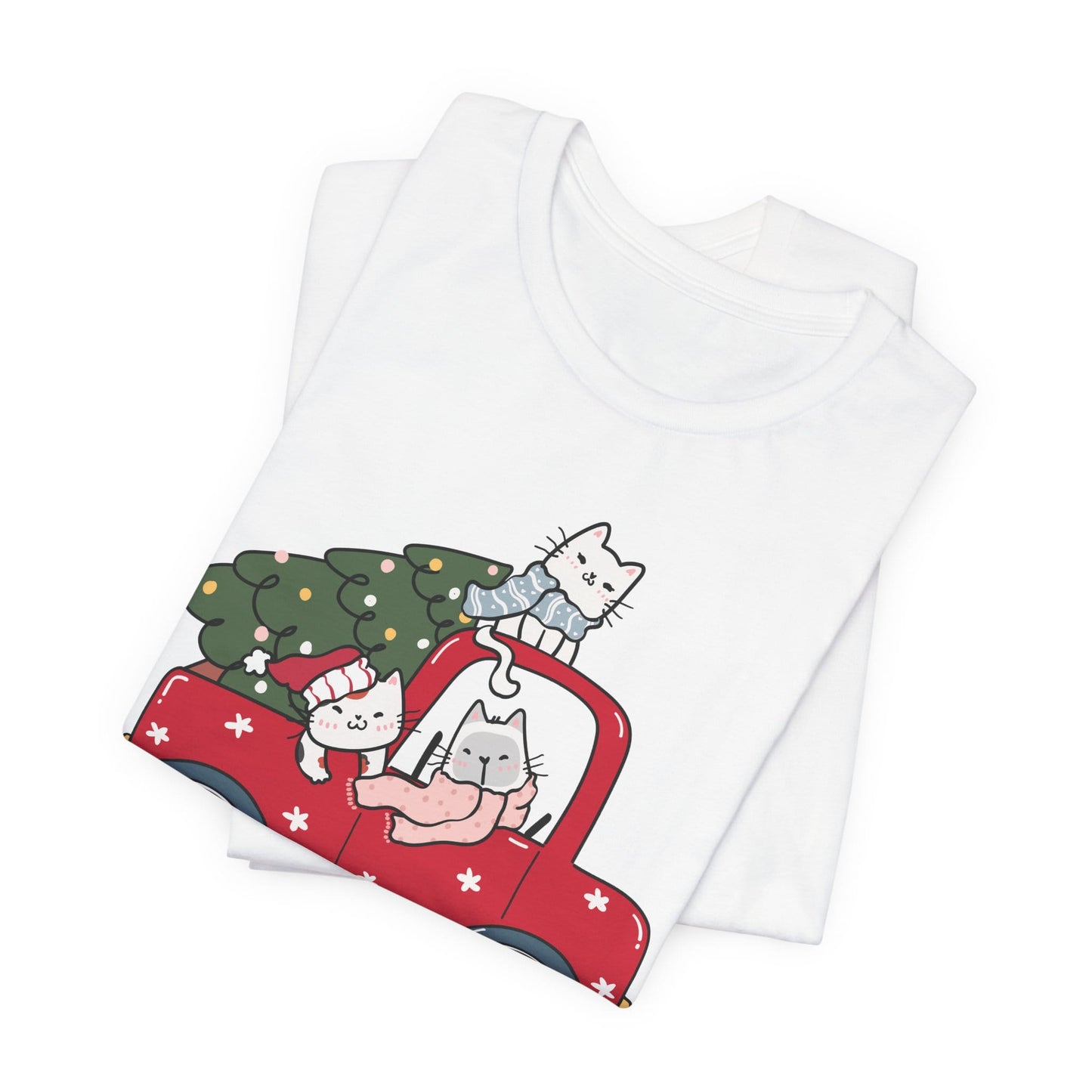 Christmas Tree Cats In Red Pickup Truck Funny Unisex T-Shirt