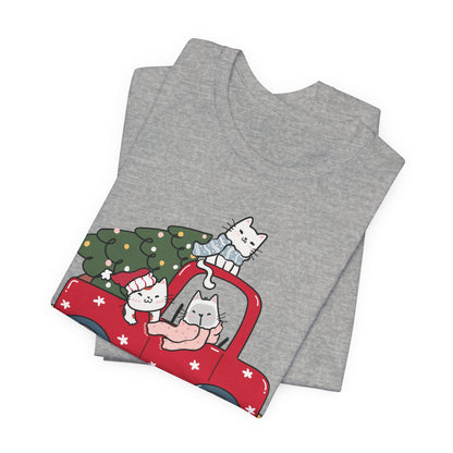 Christmas Tree Cats In Red Pickup Truck Funny Unisex T-Shirt