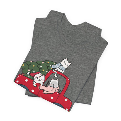 Christmas Tree Cats In Red Pickup Truck Funny Unisex T-Shirt