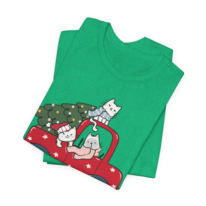 Christmas Tree Cats In Red Pickup Truck Funny Unisex T-Shirt