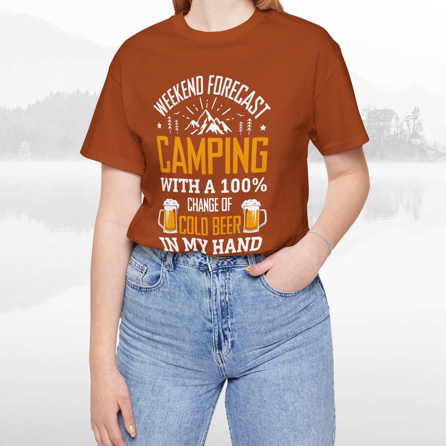 Weekend Forecast Camping With 100% Chance Of Cold Beer In My Hand Funny Camping T-Shirt
