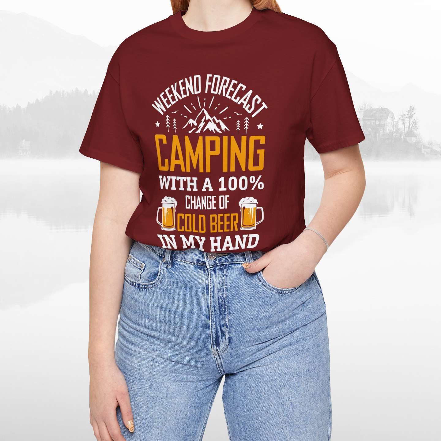 Weekend Forecast Camping With 100% Chance Of Cold Beer In My Hand Funny Camping T-Shirt