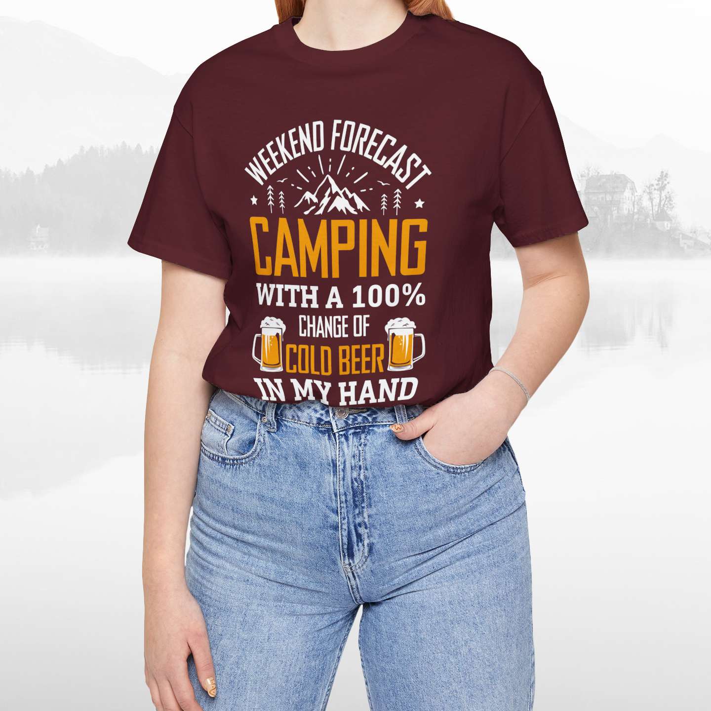 Weekend Forecast Camping With 100% Chance Of Cold Beer In My Hand Funny Camping T-Shirt