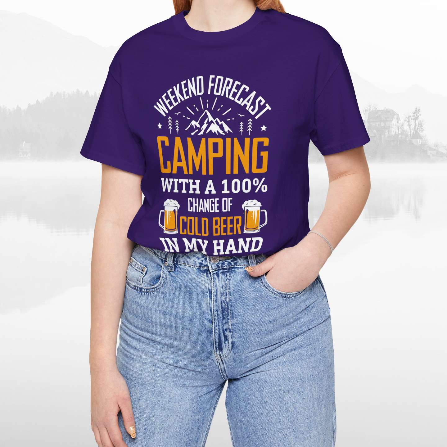 Weekend Forecast Camping With 100% Chance Of Cold Beer In My Hand Funny Camping T-Shirt