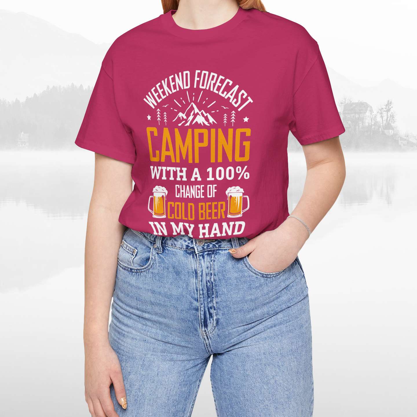 Weekend Forecast Camping With 100% Chance Of Cold Beer In My Hand Funny Camping T-Shirt