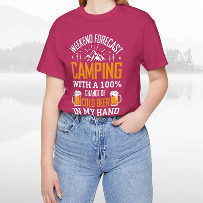 Weekend Forecast Camping With 100% Chance Of Cold Beer In My Hand Funny Camping T-Shirt