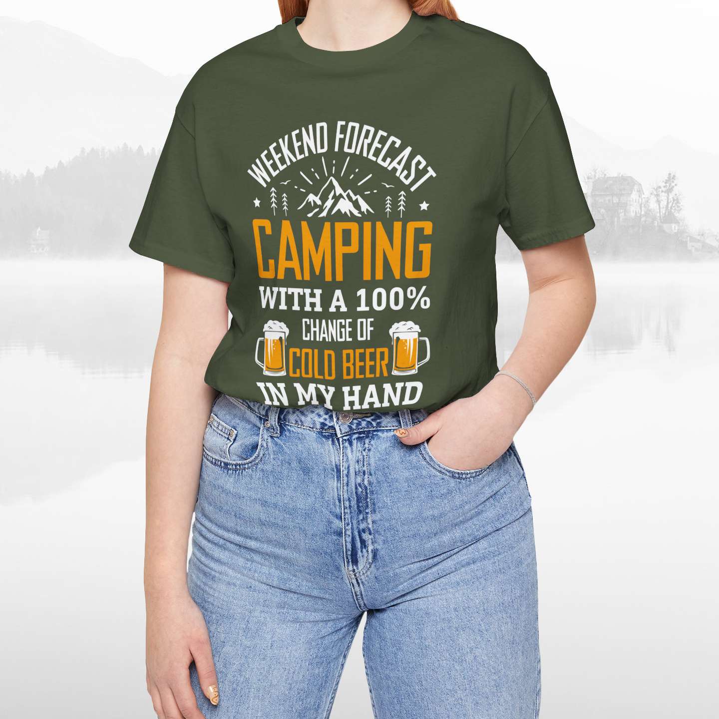 Weekend Forecast Camping With 100% Chance Of Cold Beer In My Hand Funny Camping T-Shirt