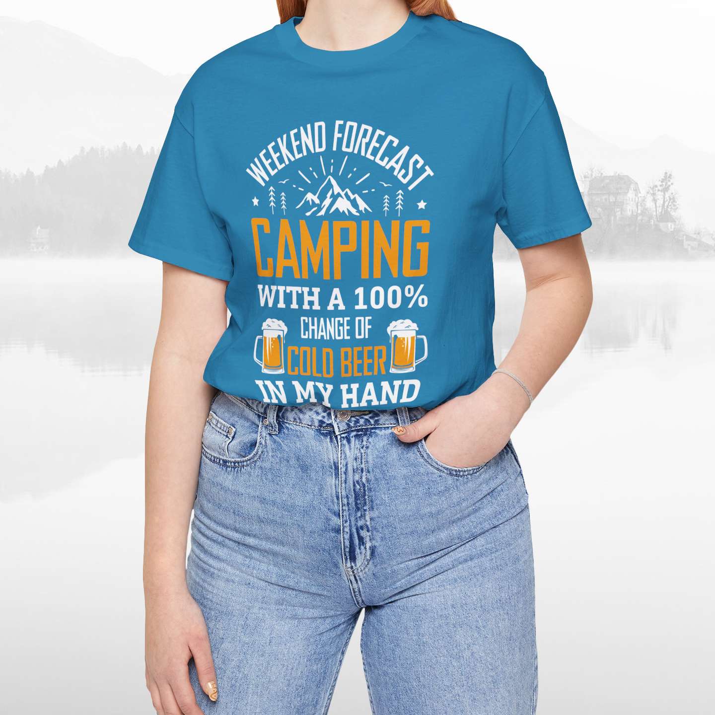 Weekend Forecast Camping With 100% Chance Of Cold Beer In My Hand Funny Camping T-Shirt