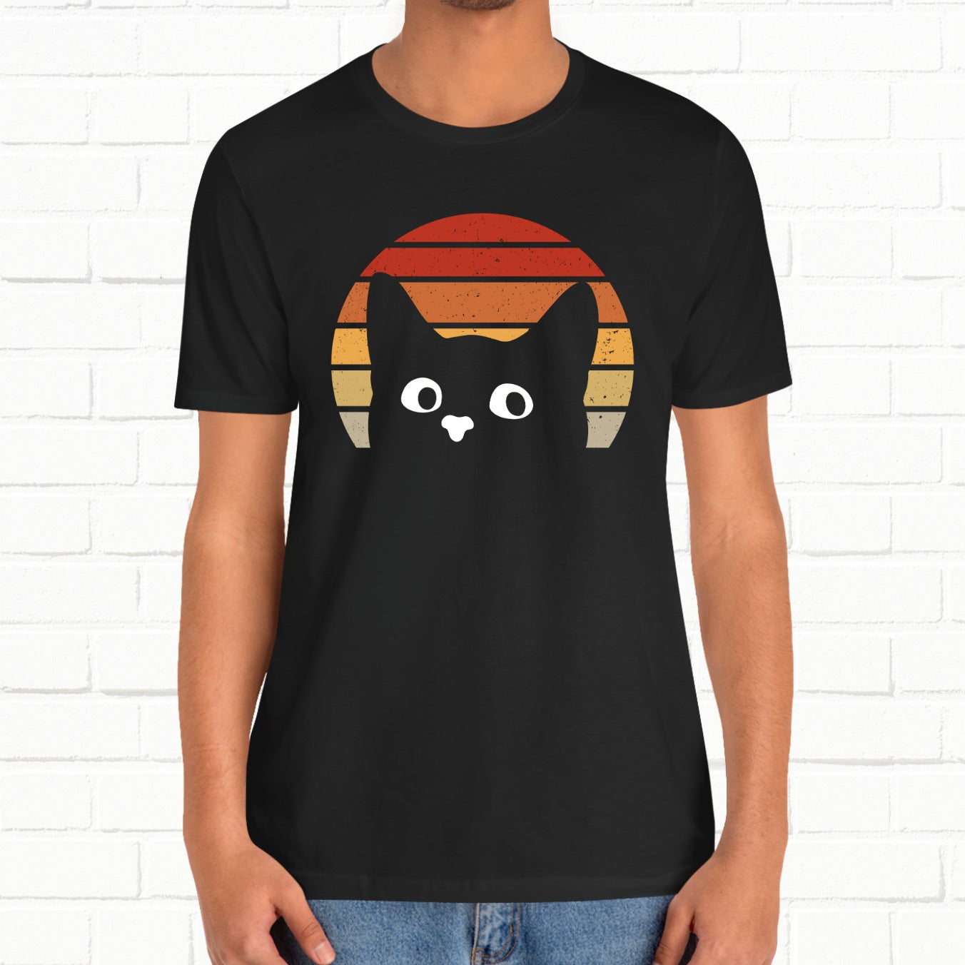 Funny Cat Staring Retro Sunset Goofy Cat Unisex T-Shirt