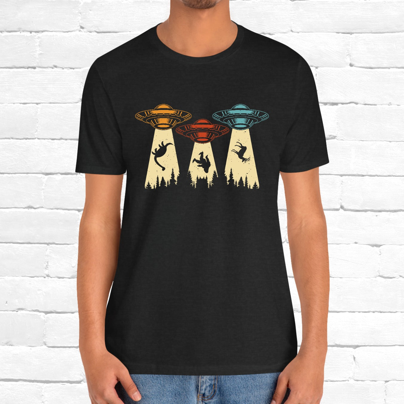 UFO Taking Dinosaur Bigfoot Deer Funny Outdoors Unisex T-Shirt