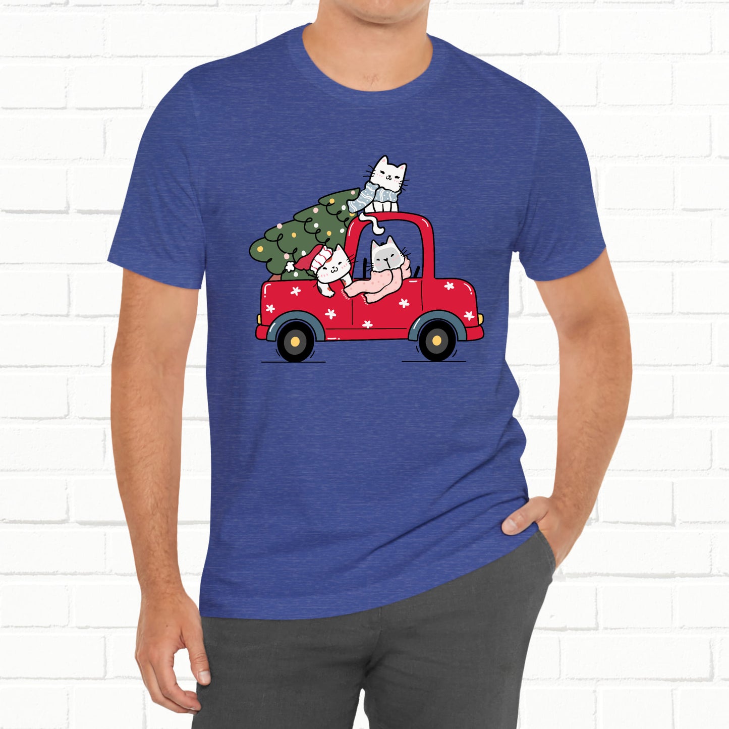 Christmas Tree Cats In Red Pickup Truck Funny Unisex T-Shirt