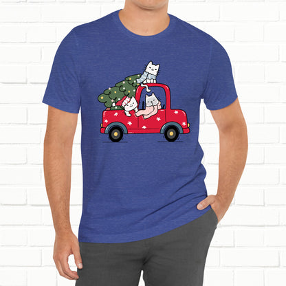 Christmas Tree Cats In Red Pickup Truck Funny Unisex T-Shirt