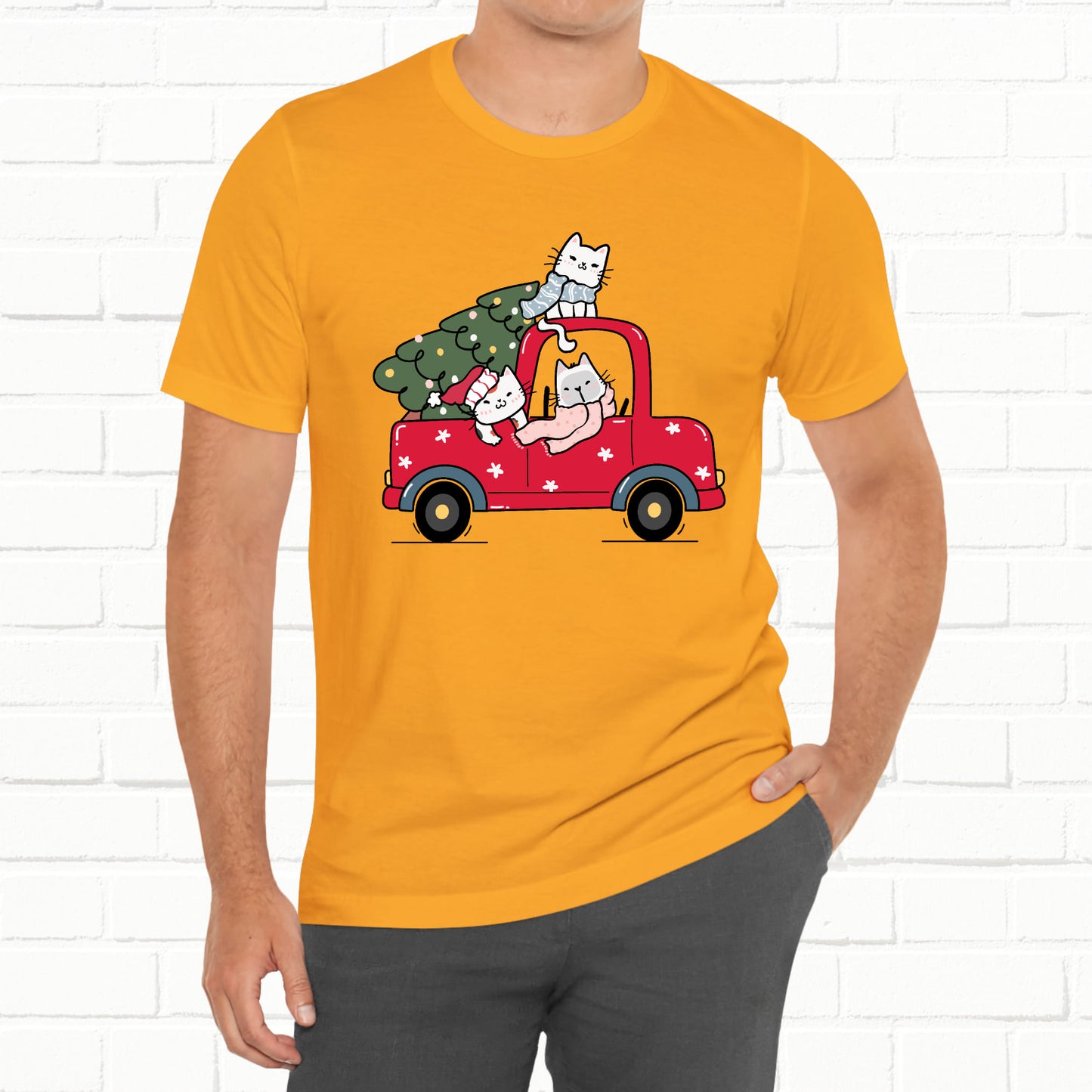 Christmas Tree Cats In Red Pickup Truck Funny Unisex T-Shirt