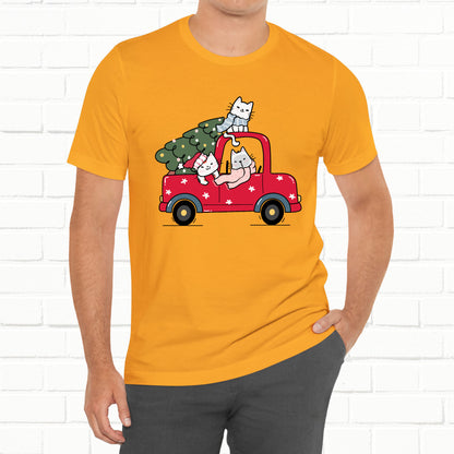Christmas Tree Cats In Red Pickup Truck Funny Unisex T-Shirt
