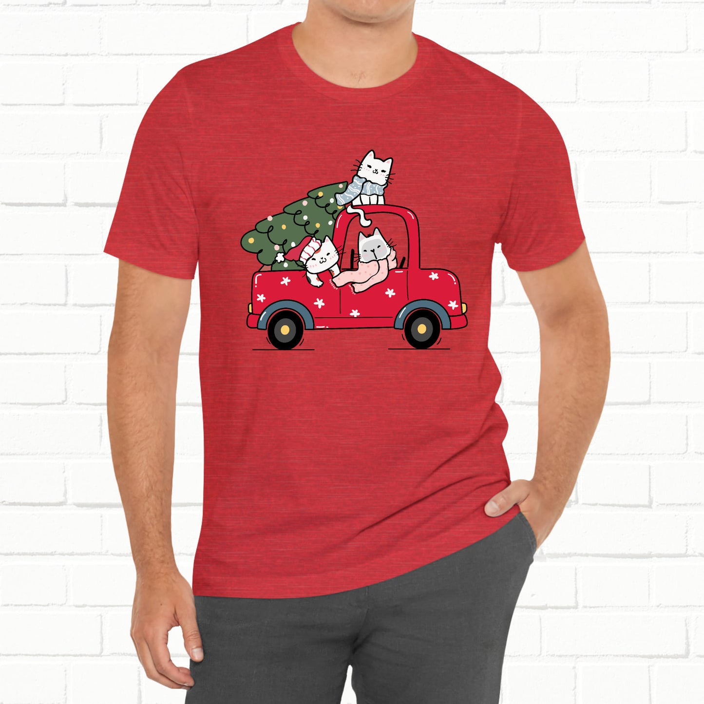Christmas Tree Cats In Red Pickup Truck Funny Unisex T-Shirt