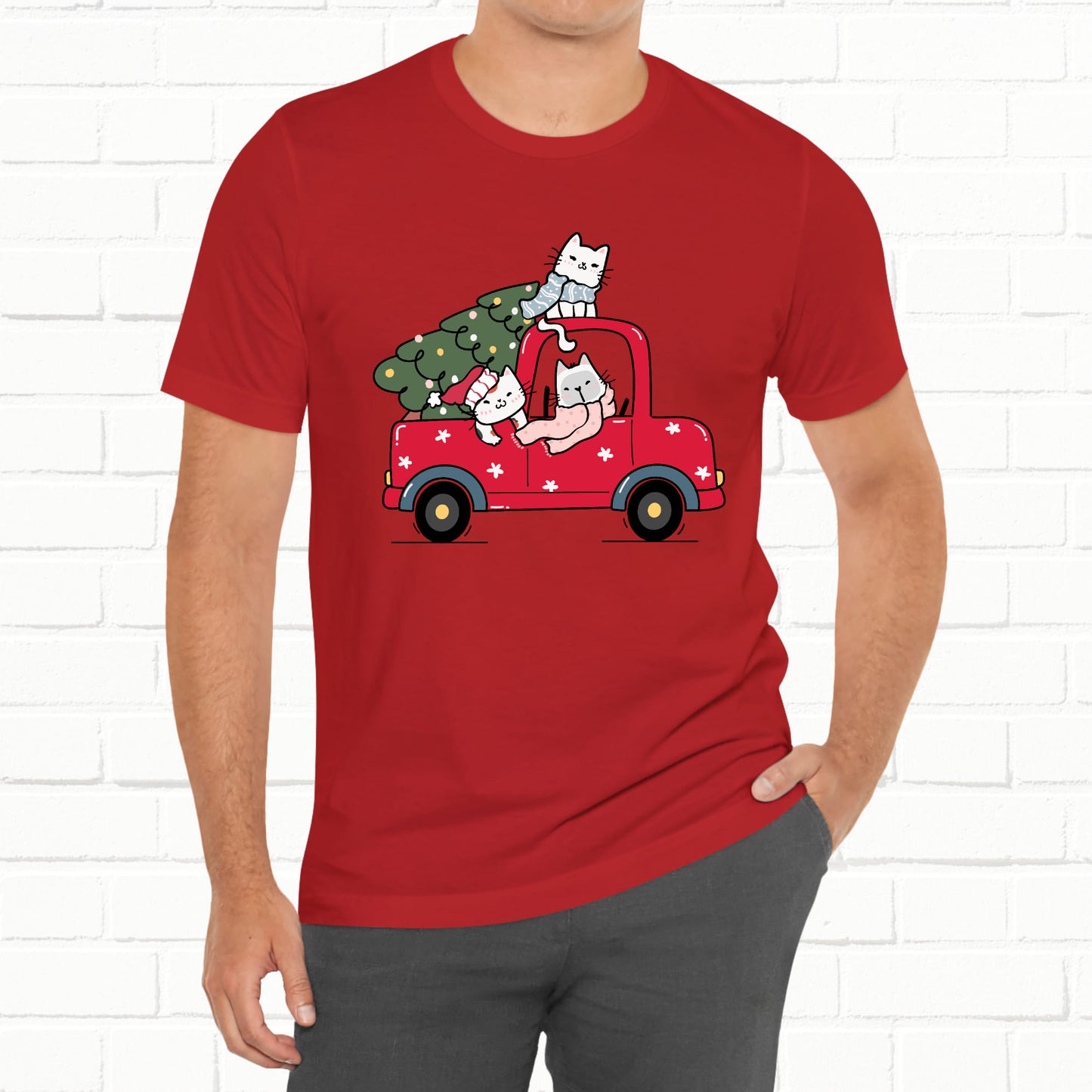 Christmas Tree Cats In Red Pickup Truck Funny Unisex T-Shirt