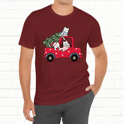 Christmas Tree Cats In Red Pickup Truck Funny Unisex T-Shirt