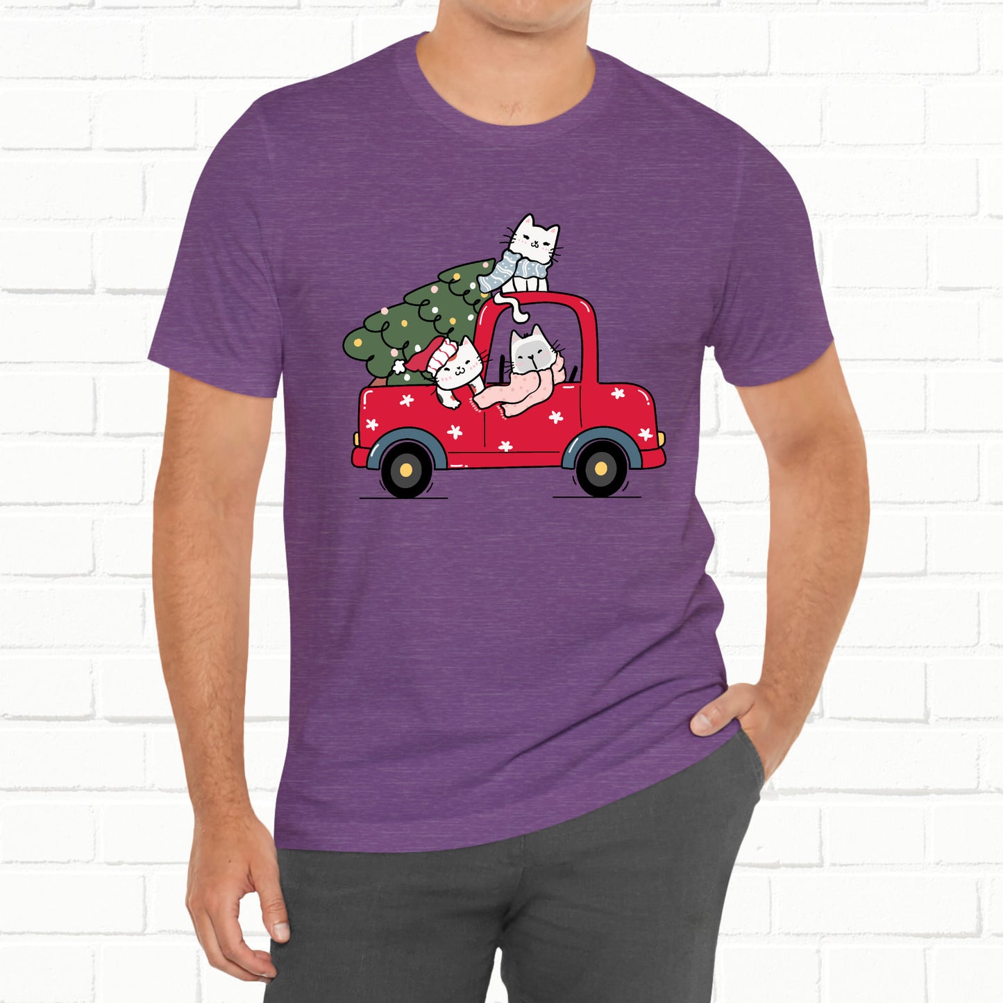 Christmas Tree Cats In Red Pickup Truck Funny Unisex T-Shirt