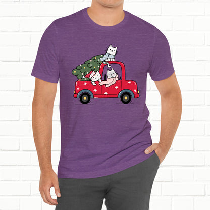 Christmas Tree Cats In Red Pickup Truck Funny Unisex T-Shirt