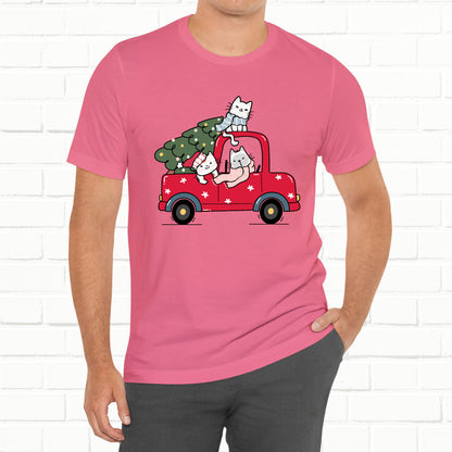 Christmas Tree Cats In Red Pickup Truck Funny Unisex T-Shirt