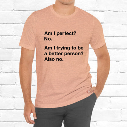 Am I Perfect No, Am I Trying To Be A Better Person? Also No. Funny Quote Unisex T-Shirt