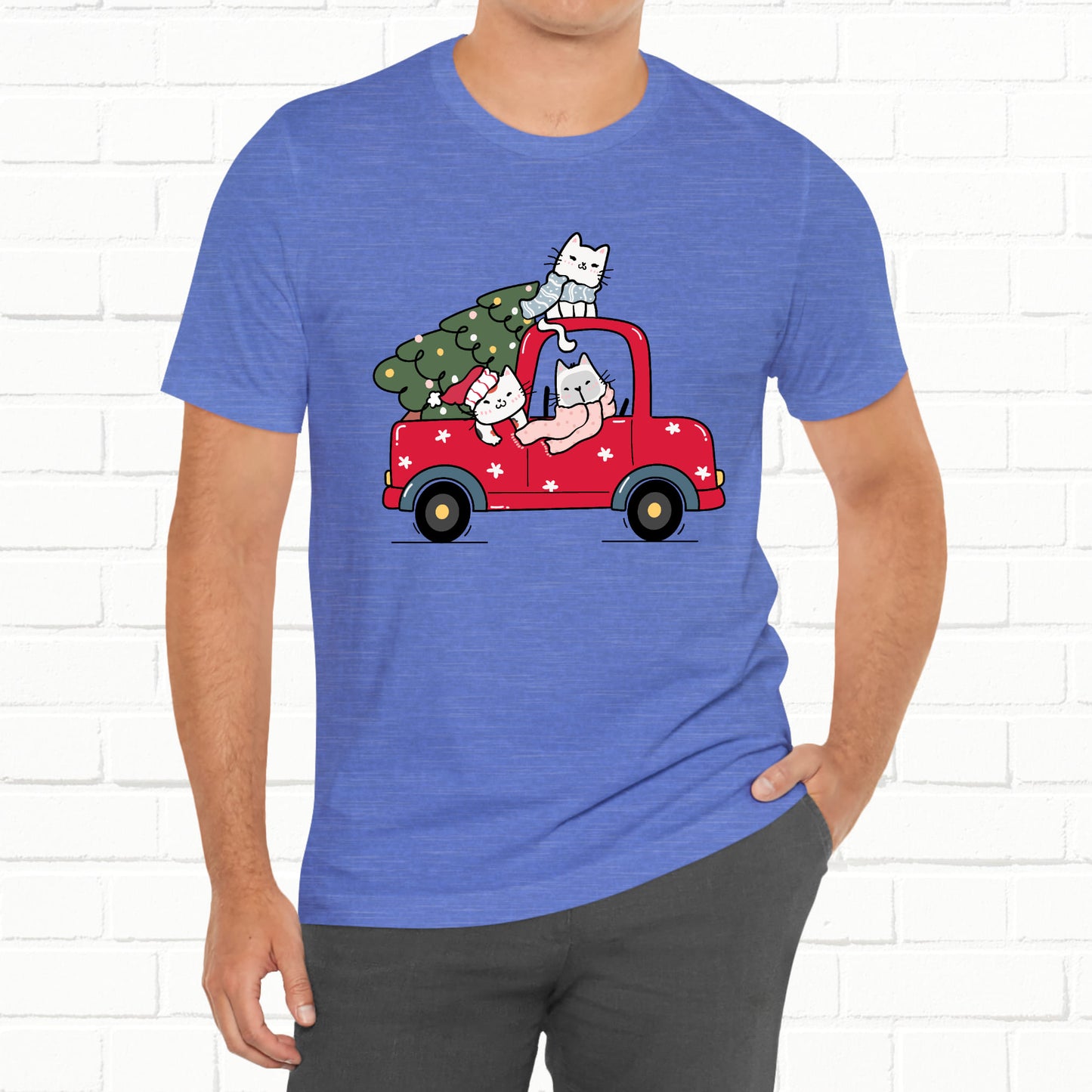 Christmas Tree Cats In Red Pickup Truck Funny Unisex T-Shirt