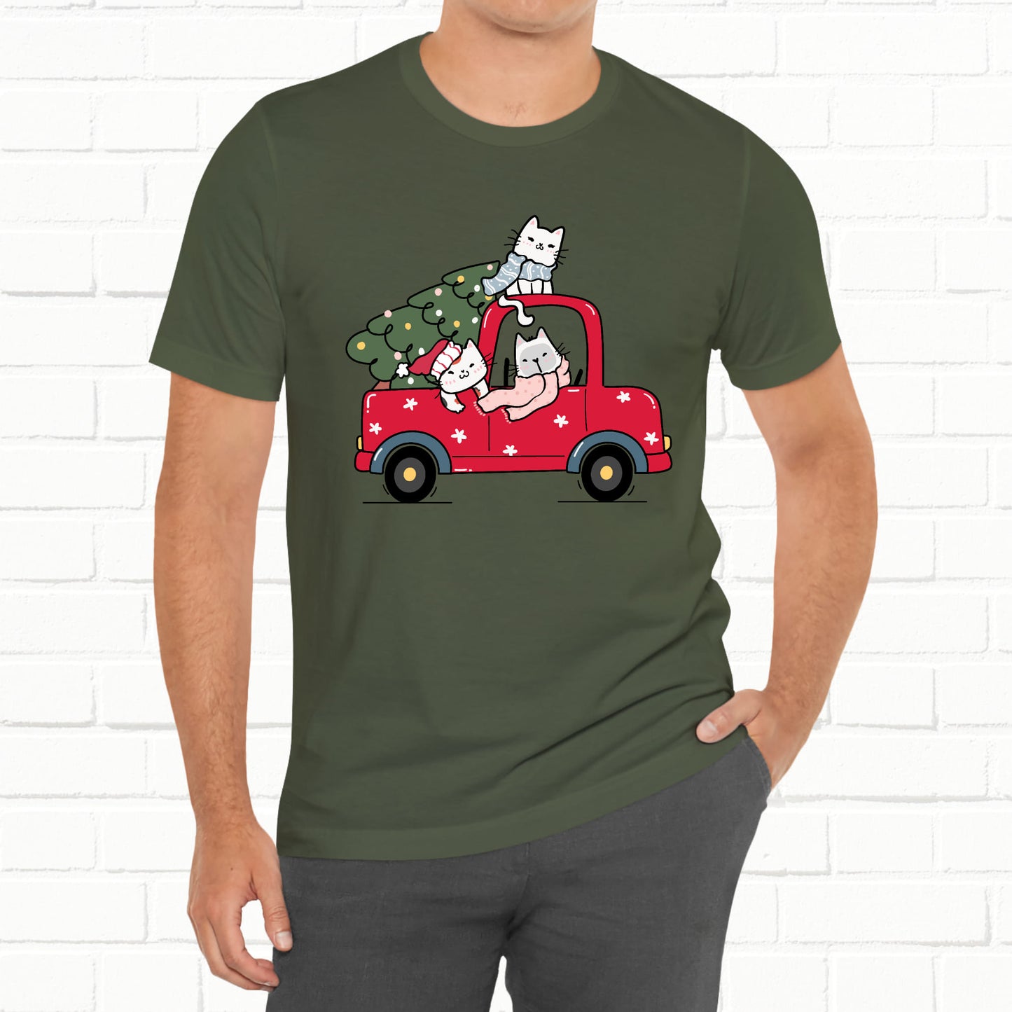 Christmas Tree Cats In Red Pickup Truck Funny Unisex T-Shirt