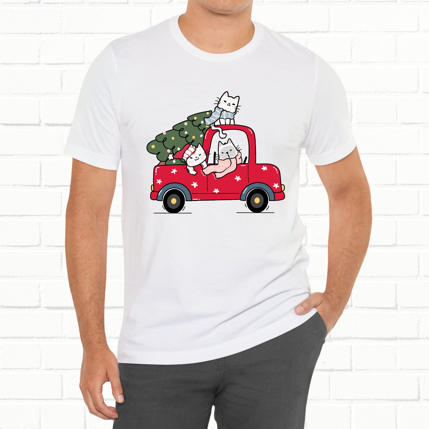 Christmas Tree Cats In Red Pickup Truck Funny Unisex T-Shirt