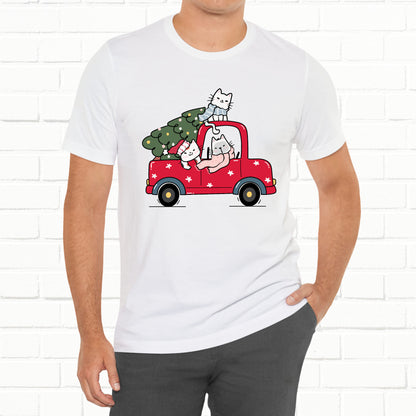 Christmas Tree Cats In Red Pickup Truck Funny Unisex T-Shirt