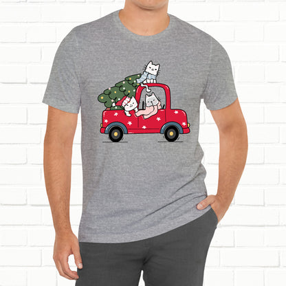Christmas Tree Cats In Red Pickup Truck Funny Unisex T-Shirt