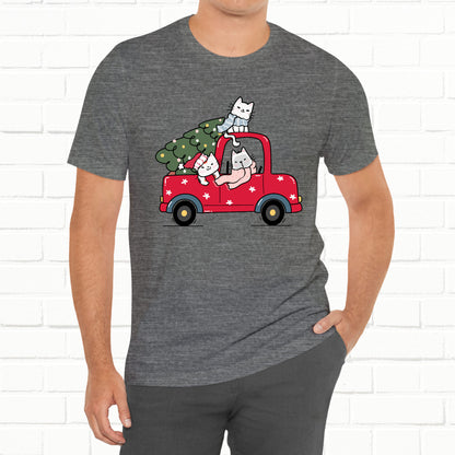 Christmas Tree Cats In Red Pickup Truck Funny Unisex T-Shirt