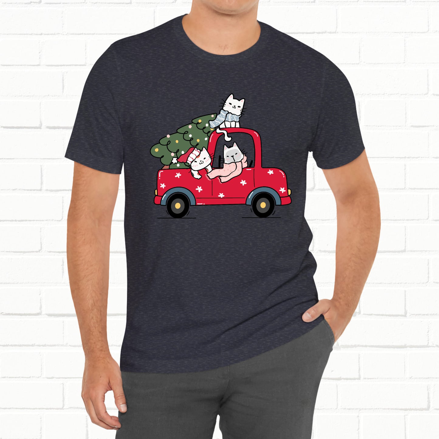 Christmas Tree Cats In Red Pickup Truck Funny Unisex T-Shirt