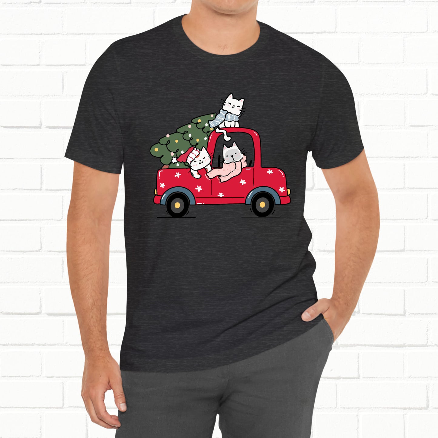 Christmas Tree Cats In Red Pickup Truck Funny Unisex T-Shirt