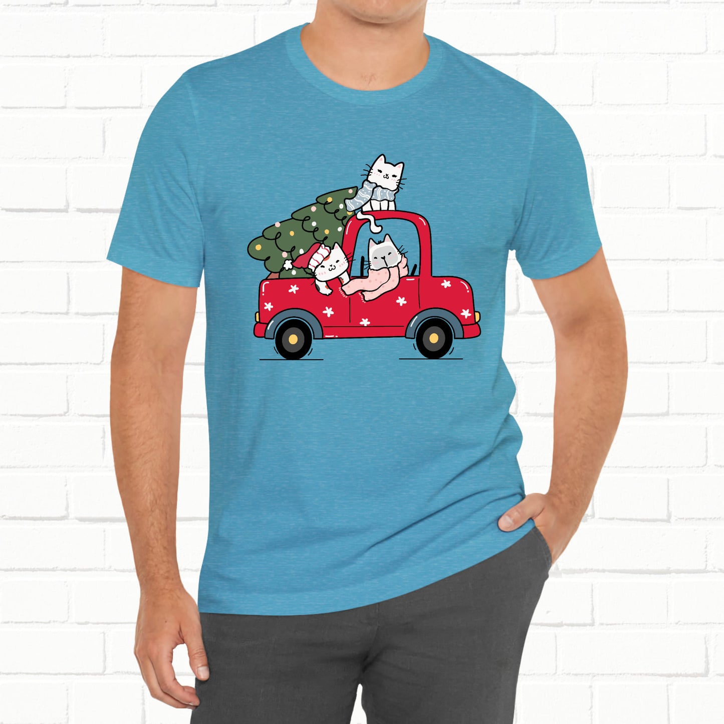 Christmas Tree Cats In Red Pickup Truck Funny Unisex T-Shirt
