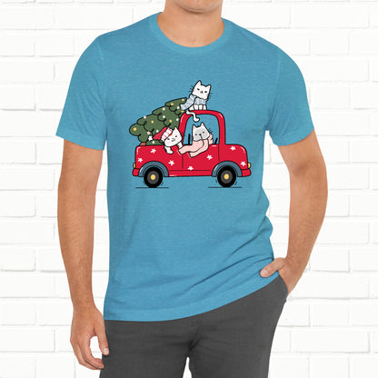 Christmas Tree Cats In Red Pickup Truck Funny Unisex T-Shirt