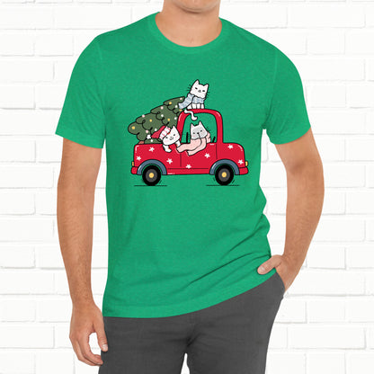 Christmas Tree Cats In Red Pickup Truck Funny Unisex T-Shirt