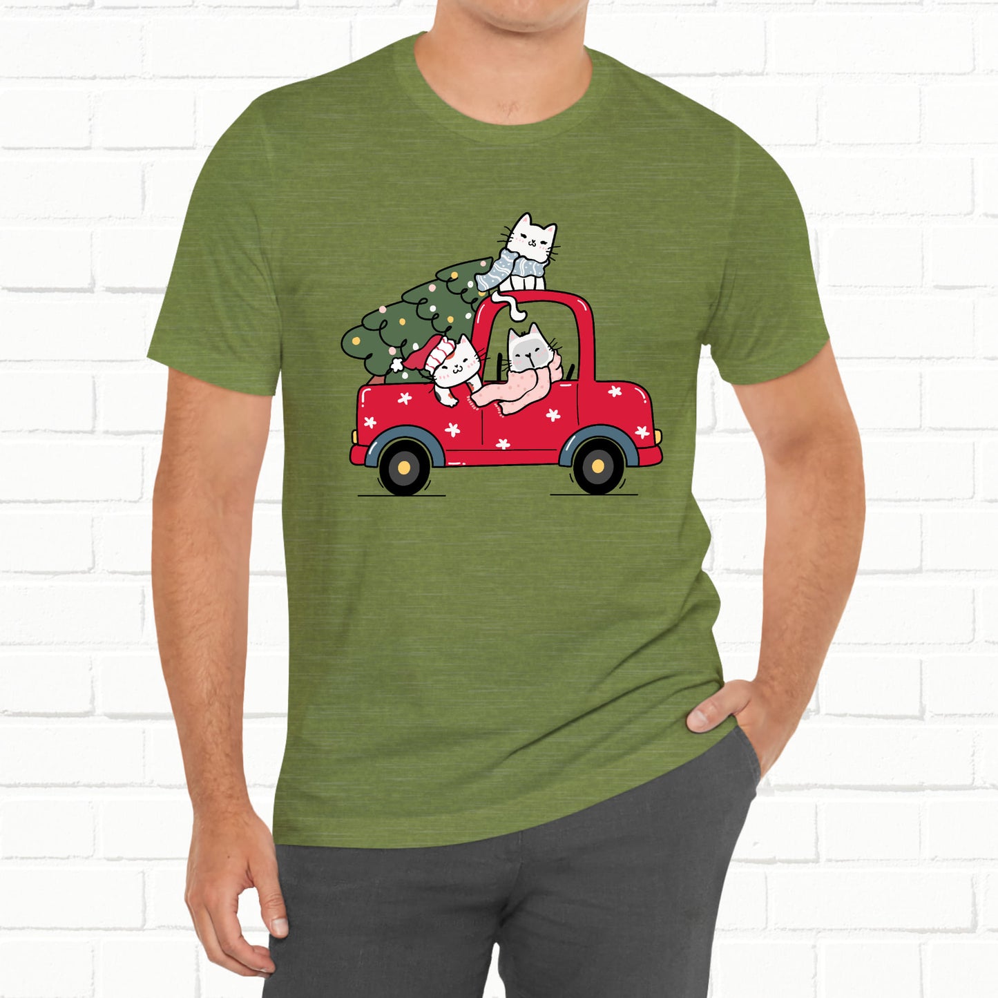 Christmas Tree Cats In Red Pickup Truck Funny Unisex T-Shirt